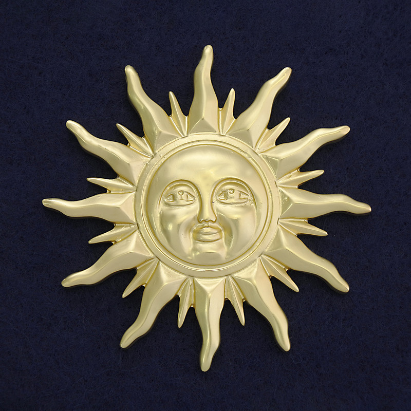 Brož Slunce, barva matového zlata, zlatý kov, 68 mm, na magnetu