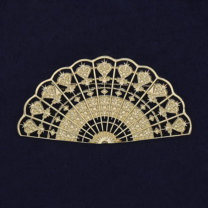 Brož Vějíř, barva matového zlata, zlatistý kov, 62×32 mm+