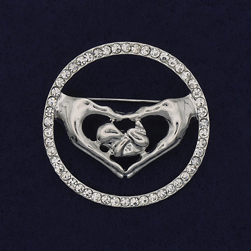 Брошка Серце білі стрази сріблястий метал 38мм+
