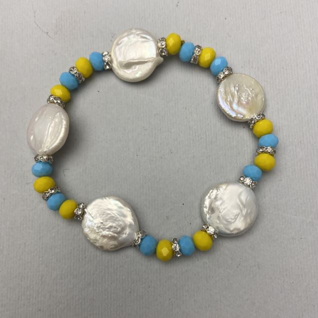 Náramek z říčních perel 15 mm ±, český broušený křišťál rondel 6×4 mm ±, s kovovými vložkami, délka 18 mm ±, elastický