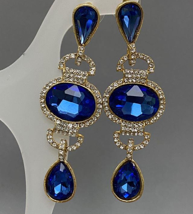 Peckové náušnice se modrými krystaly 23×70 mm ± bílé kamínky