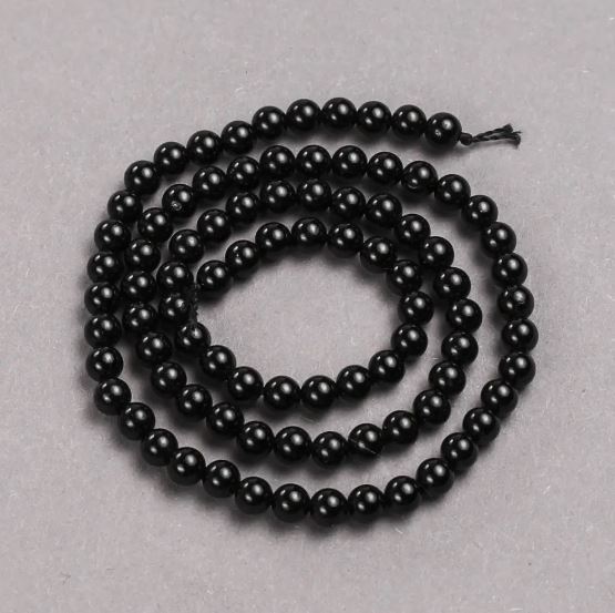 Náhrdelní korálky na niti z přírodního kamene Černý turmalín, hladká kulička, průměr 4,5 mm, délka 39 cm