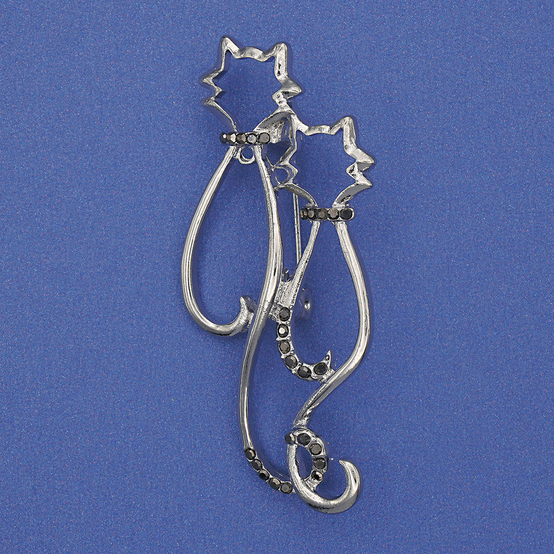 Brož Kočky se šedými štrasovými kameny a stříbrným kovem 58×26 mm+