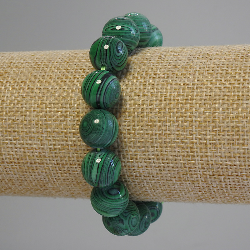 Náramek z malachitu s hladkou kuličkou, průměr 12 mm ±, délka 18 cm ± (elastický)