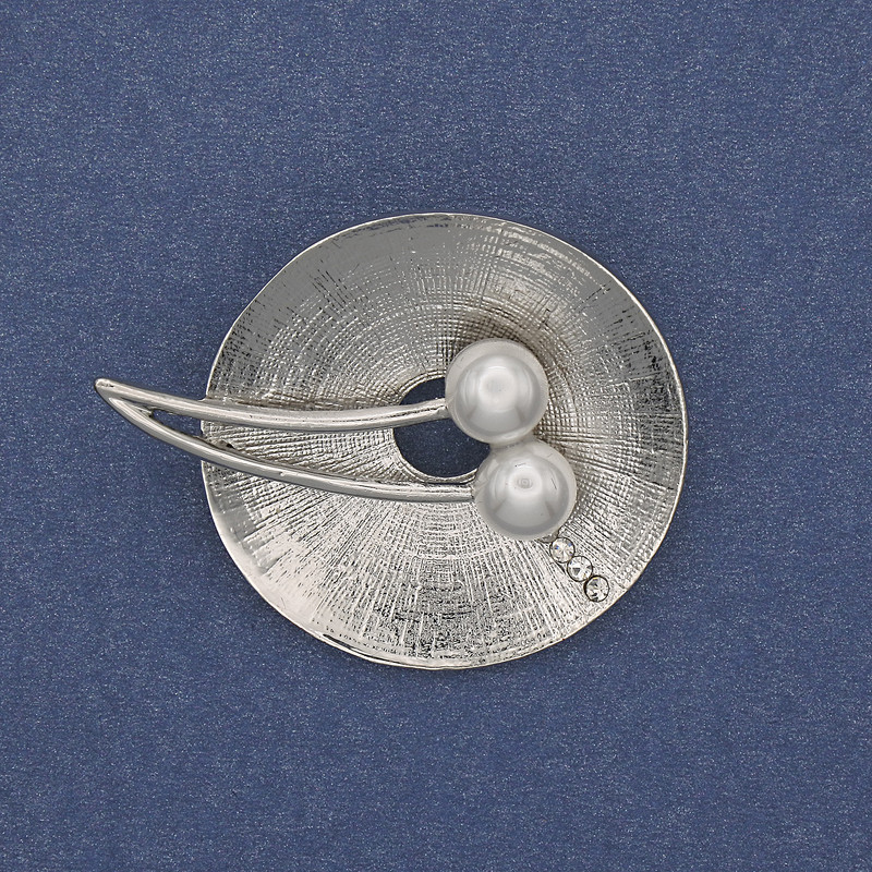 Brož Akcent s perlami a štrasami, stříbrný kov, 32×40 mm+