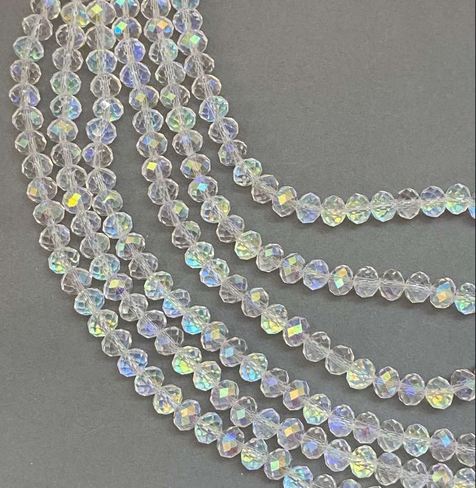 Korálky Český křišťál na niti bílé průhledné s benzínovým nástřikem brusované rondely, průměr 8×6 mm + -, délka 39 cm +