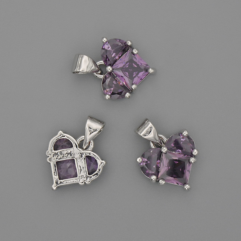 Přívěšek srdce s fialovými krystaly 12×12 mm, délka ±17 mm, stříbrný kov