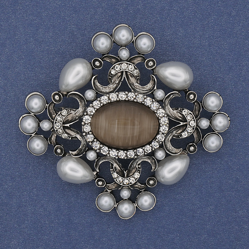 Brož a přívěsek Akcent Perly Kočičí oko, bílé krystaly, stříbrný kov, 53×58 mm+