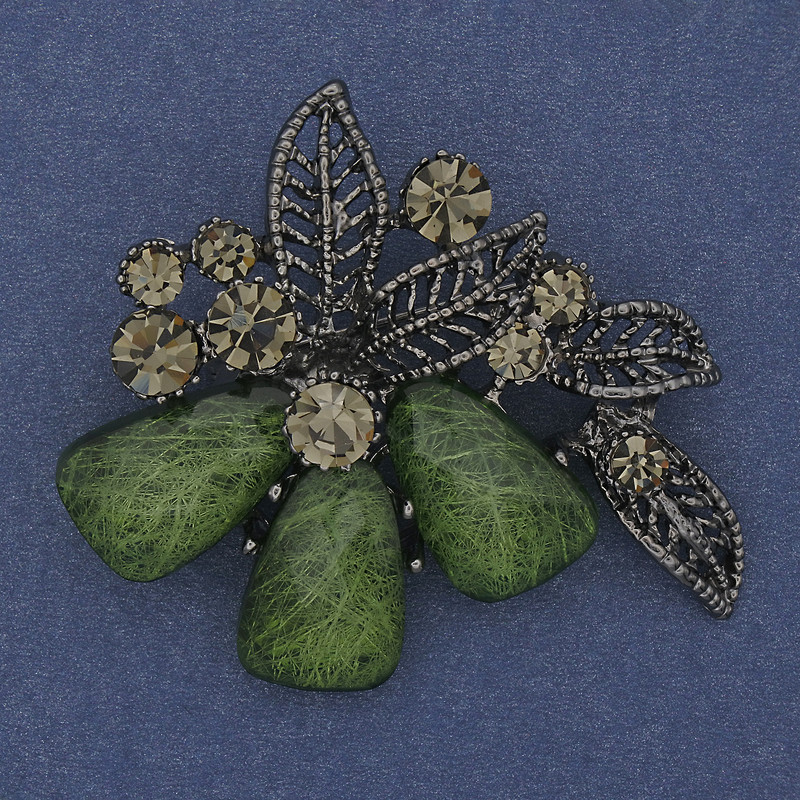 Brožka a přívěsek Akcent se zeleným akvarijním efektem, šedé krystaly, stříbrný kov, 43×48 mm+