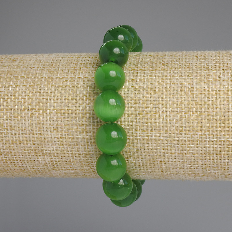 Náramek z kamene Kočičí oko, hladká kulička, průměr 12 mm ±, délka 18 cm ±, streč