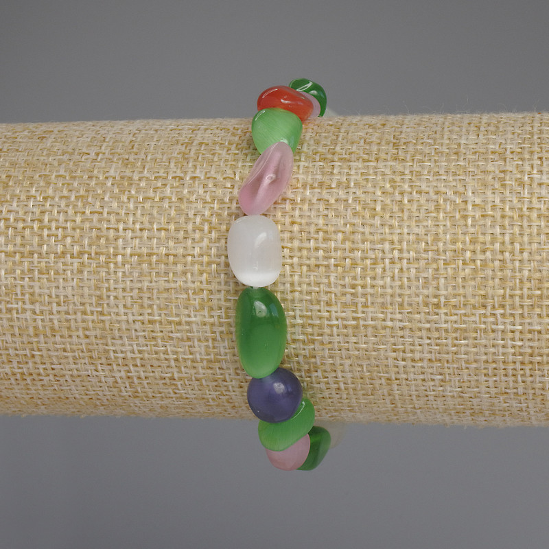 Náramek z kočičího oka, akvamarínu a měsíčního kamene, brusované korálky, průměr 10–12×8–9 mm, délka 18 mm, elastické