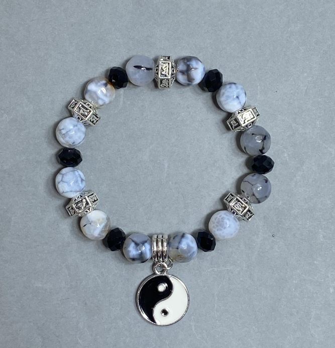 Náramek z achátu drakových žil – korálky, průměr 10 mm ±, český křišťál rondel 8×6 mm ±, délka 18 cm ±, elastický