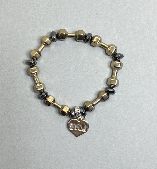 Náramek z hematitu ve tvaru činky, 20×7 mm ±, broušené rondely 8×4 mm ±, délka 18 cm, elastický