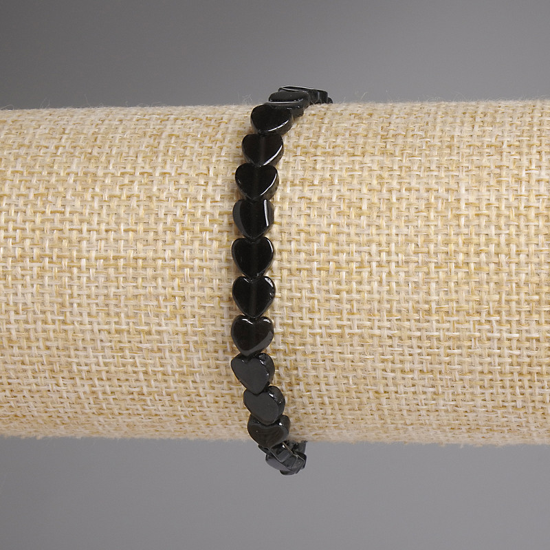 Náramek z kouřového topazu ve tvaru srdcí, korálky 6 mm, délka 18 cm ±, elastický