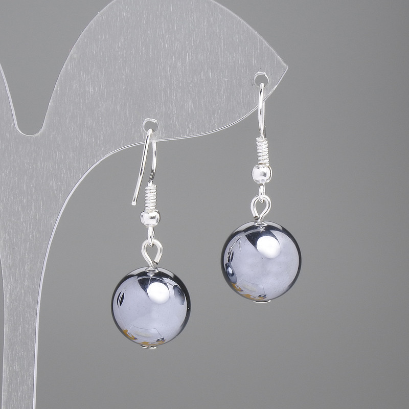 Náušnice hematit hladká kulička, průměr 12 mm, délka 33 mm (+/-)