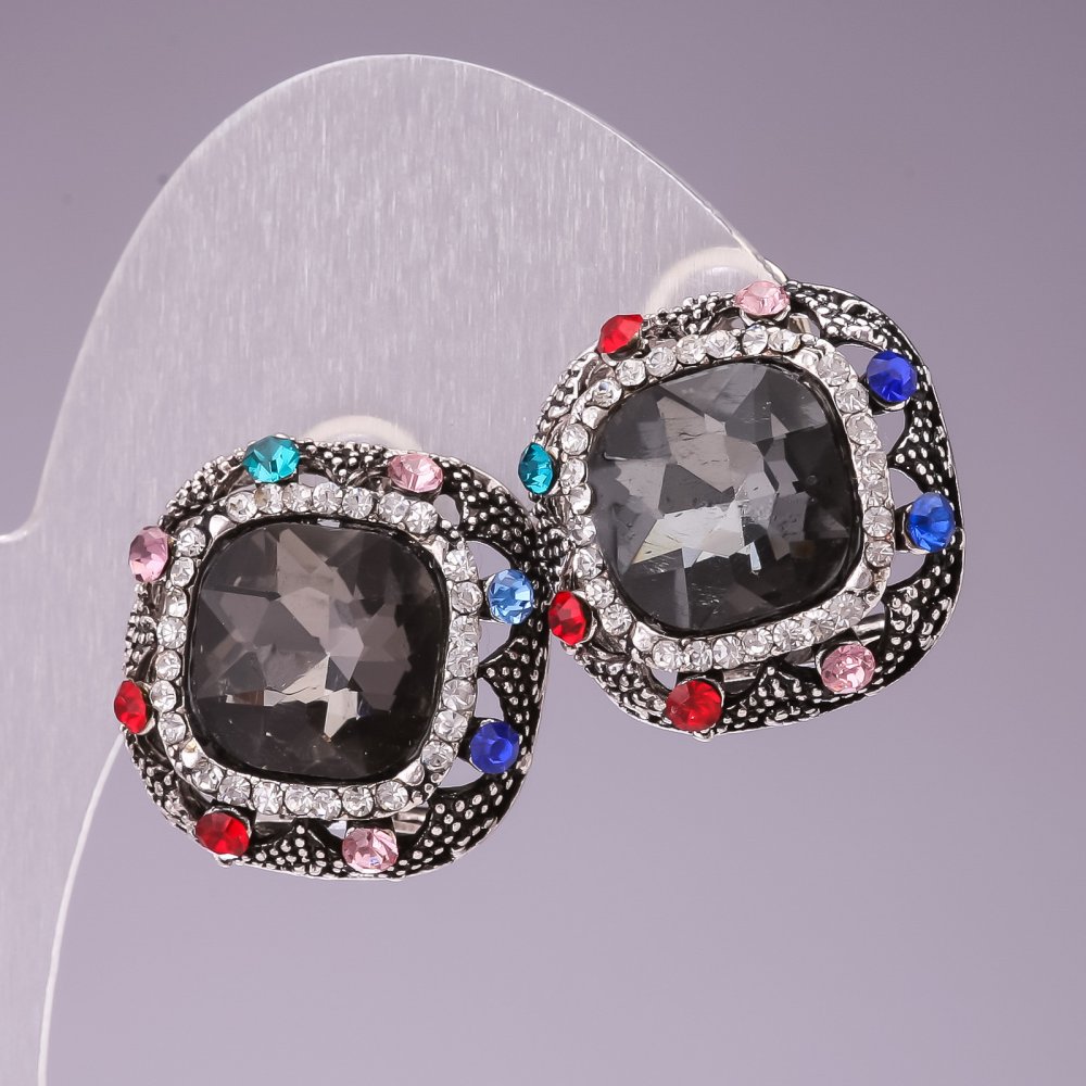 Náušnice 2,3 cm, duhové čtvercové krystaly, šedé