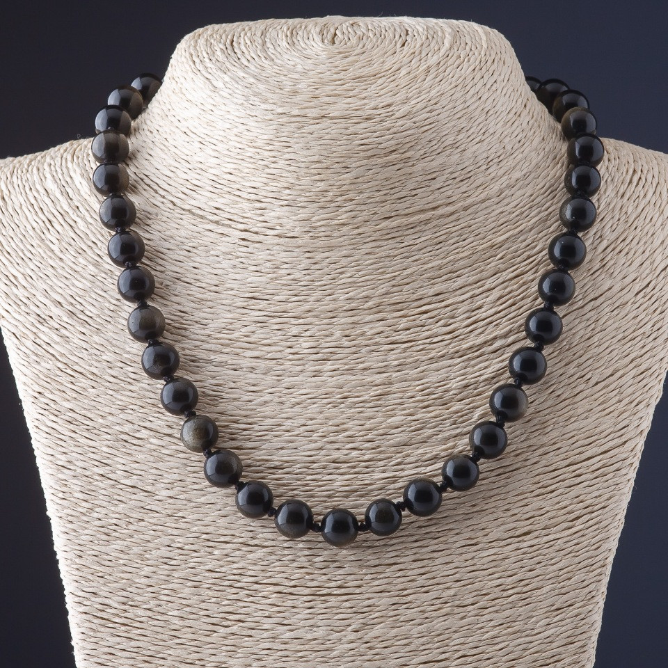 Náhrdelník ze slunečního obsidiánu – hladké kuličky, průměr 10 mm, délka 45 cm
