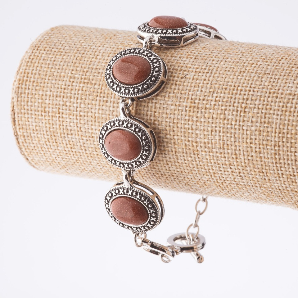 Výprodej. Náramek z aventurínu 'Zlatý písek' s osazením 'tečka a křížek' oválným kamenem 22×18 mm, 7 ks, délka 20–22 cm