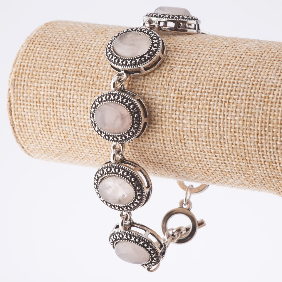 Výprodej: náramek z růžového křemene s obrubou „tečka-křížek“, oválný kámen 22×18 mm, 7 ks, délka 20–22 cm