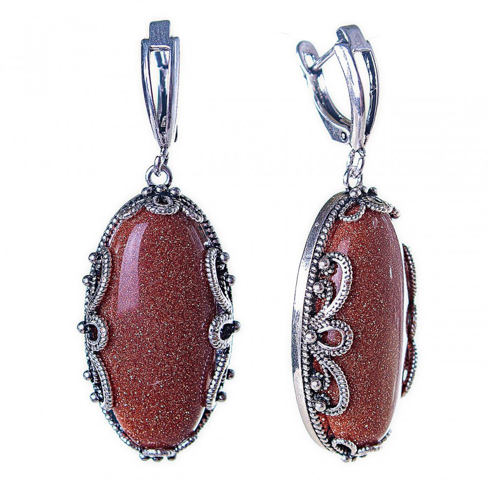 Уцінка сережки Авантюрин "золотий пісок" оправа "Ажур" овальний камінь 3*1, 7см, довжина 5см