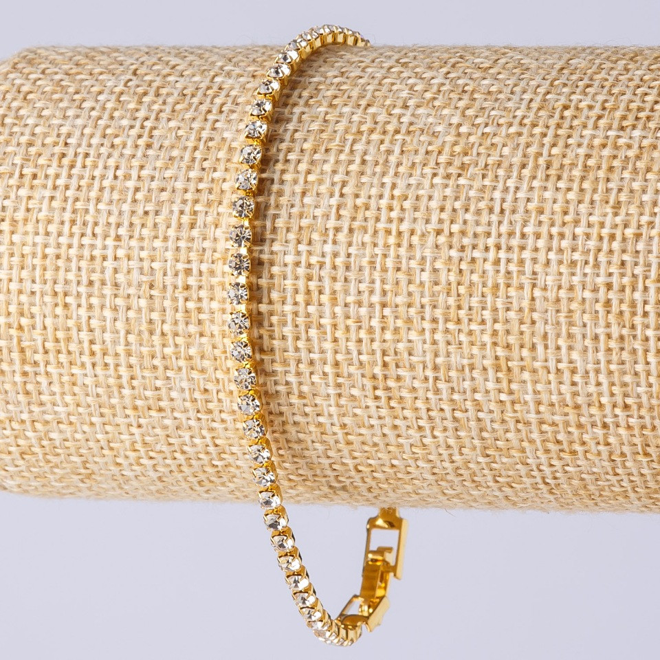 Náramek s kamínky na zapínání, jednořadový, barva kovu zlatá, délka 20 cm, šířka 3 mm