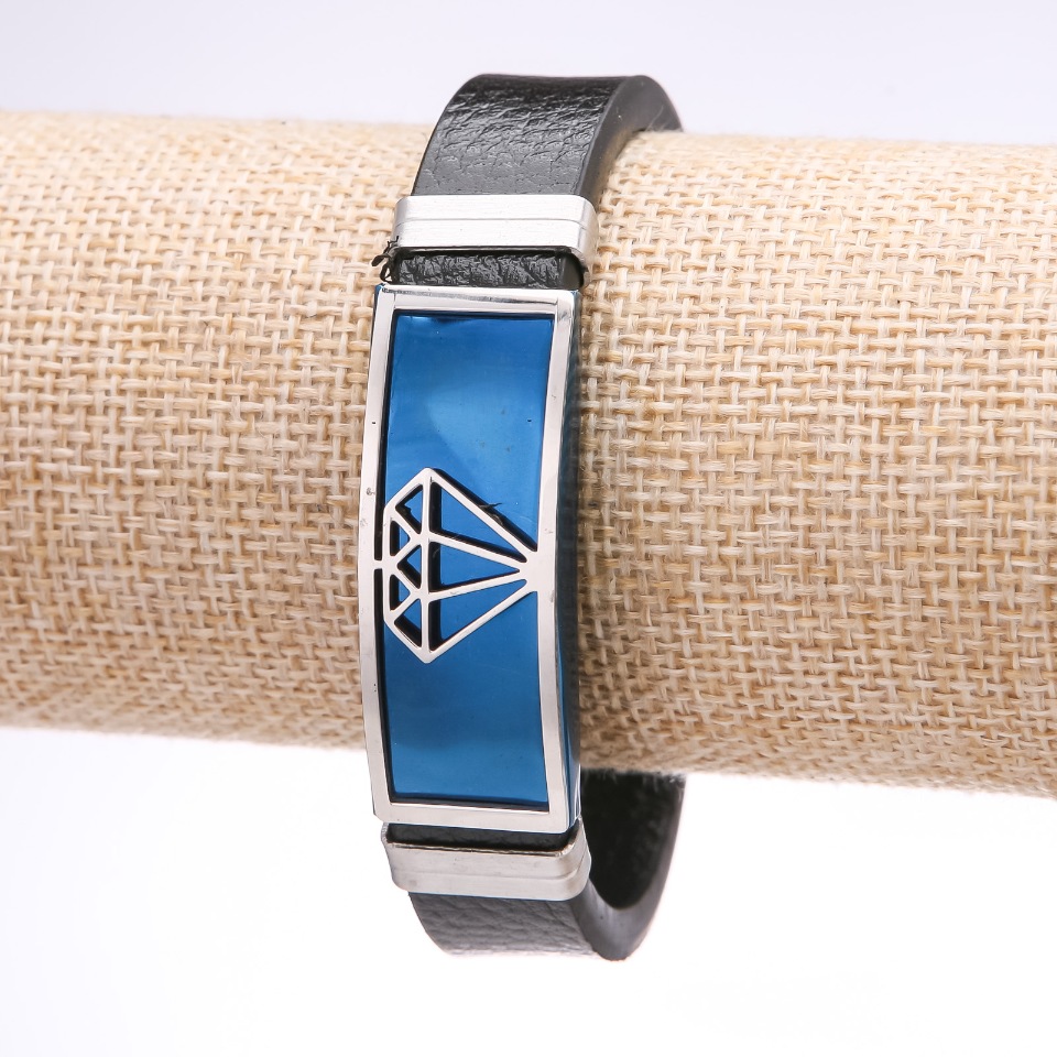 Pánský náramek Diamant, eko kůže, široký, ocelová deska, modré barvy, šířka 14–16 mm, délka 20 cm