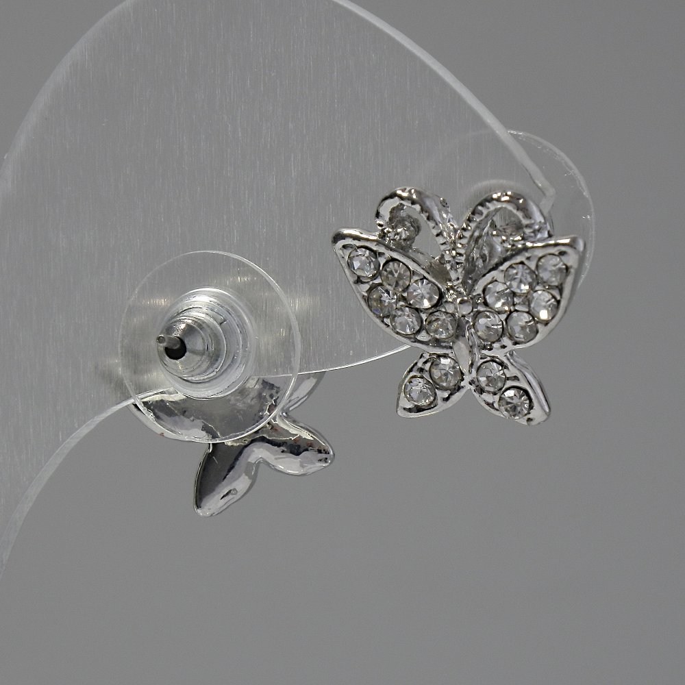 Náušnice pecky Motýlky, bílé štrasové kamínky, kov postříbřený, 1,5 cm