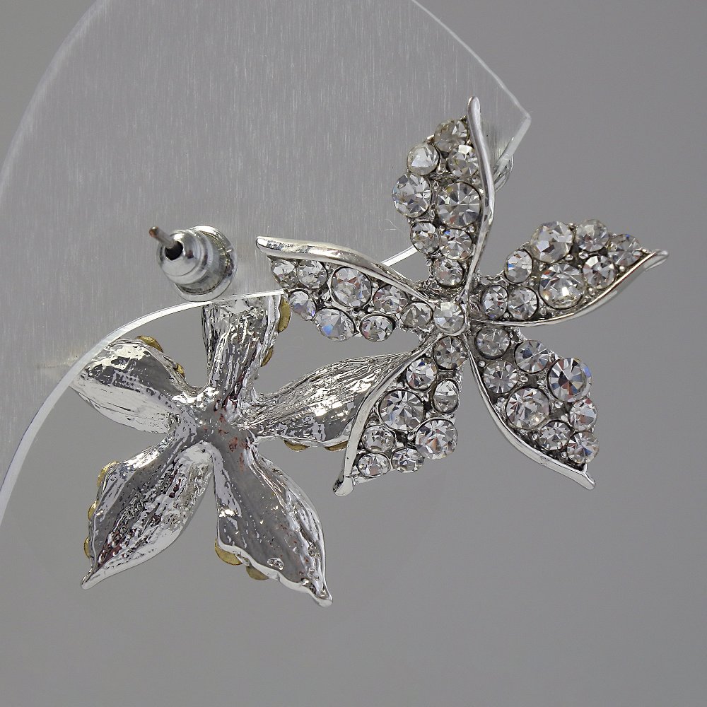 Náušnice pecky Květ, bílé krystaly, kov pod stříbro, 2,5 cm