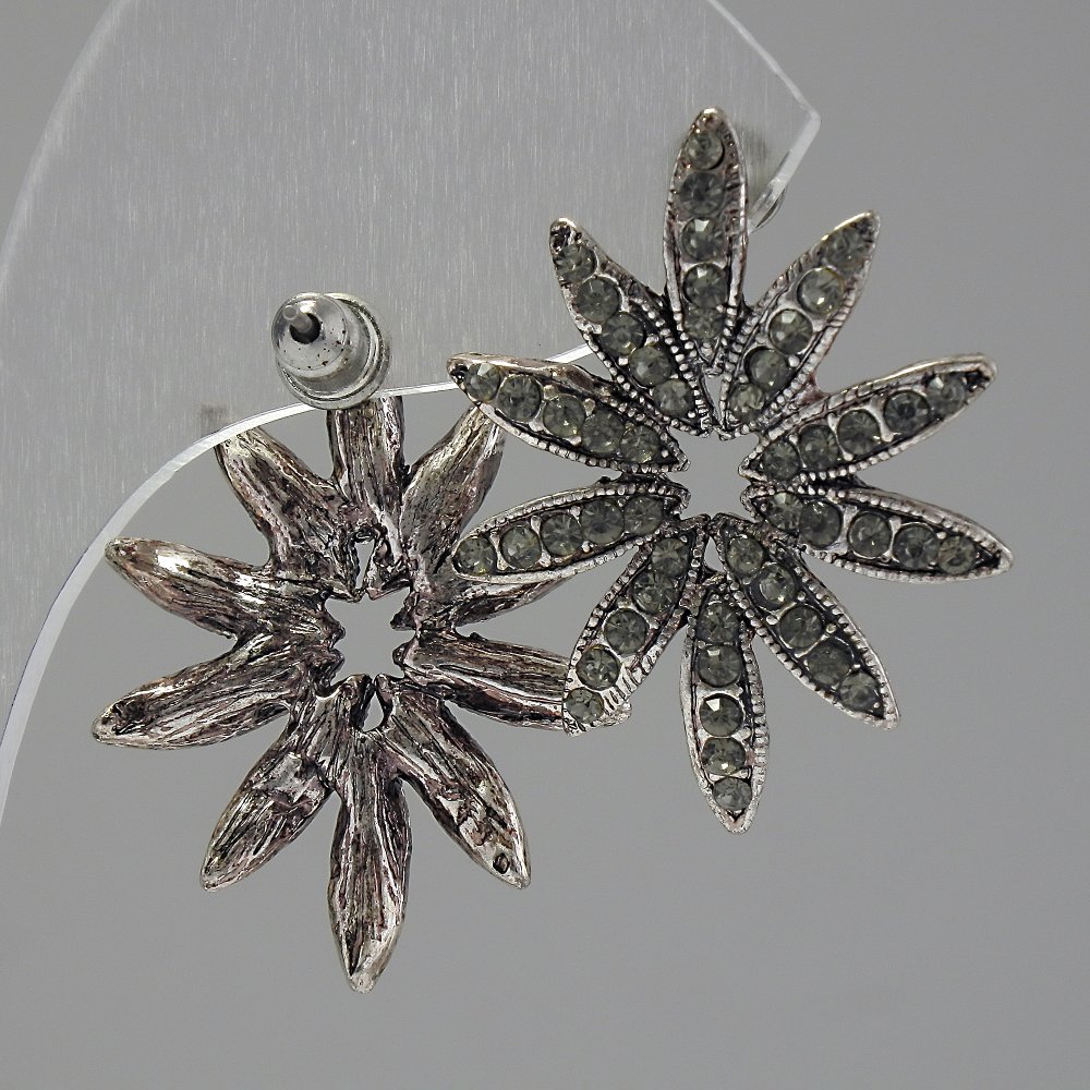 Náušnice peckové Květina, světlé štrasové kamínky, kov s povrchovou úpravou stříbra, 30 mm