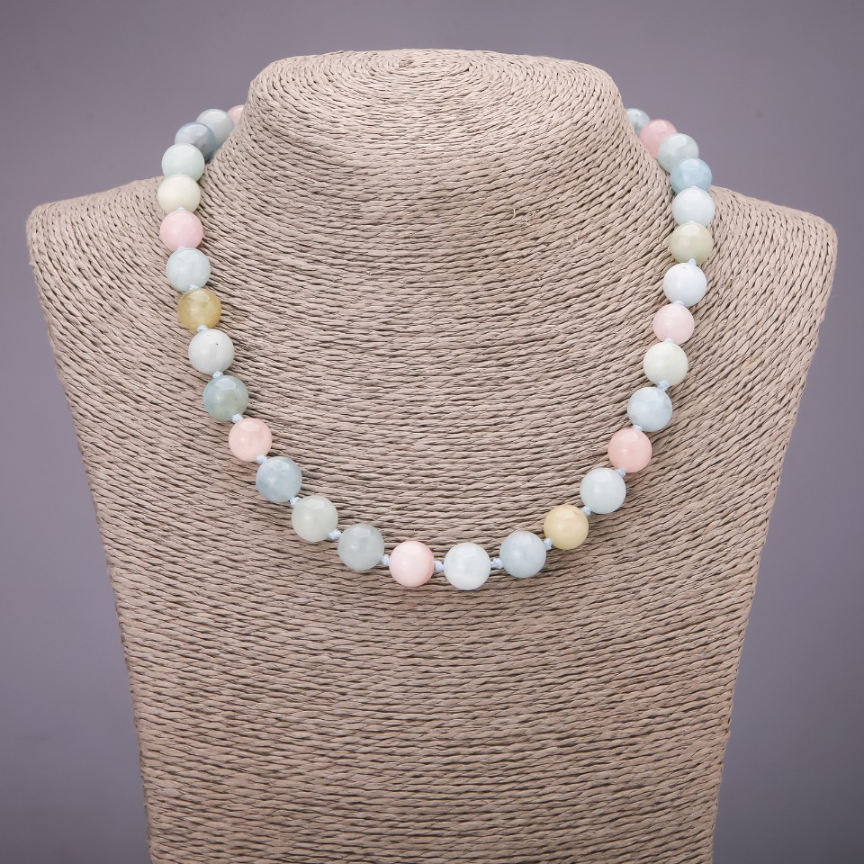 Náhrdelník z Morganitu z přírodního kamene, hladká kulička, průměr 10(±)mm, délka 45 cm