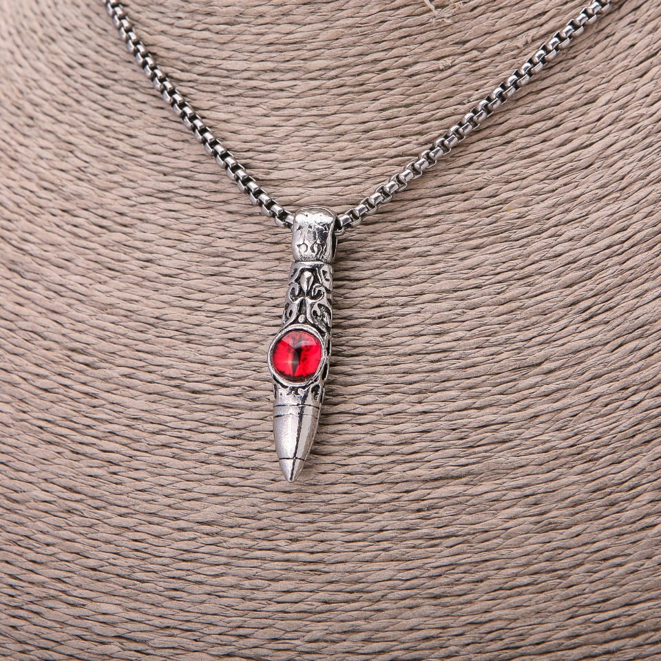 Přívěšek kulička s červeným dračím okem 9×43 mm na řetízku, délka 65 cm, barva kovu stříbrná