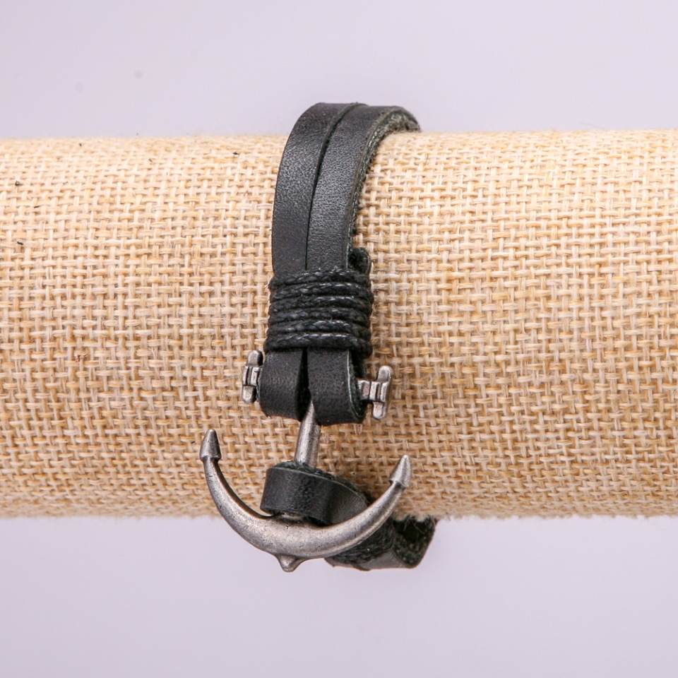 Náramek Kotva s kovovými vložkami, délka 21 cm, tloušťka 10 mm, eko kůže černá