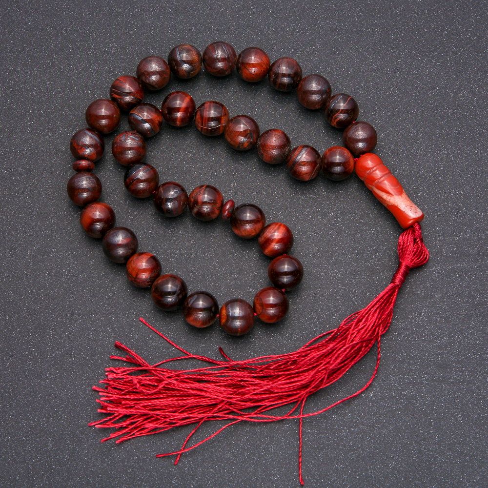 Modlitební korálky z přírodního kamene Býčí oko, 33 korálků, hladká kulička, průměr 10 mm+