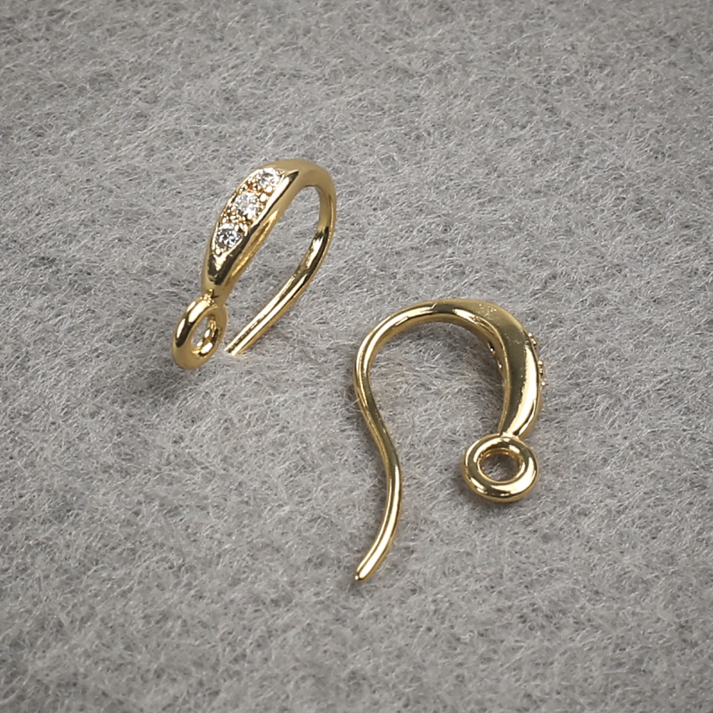 Háčky na náušnice se bílými štrasami, žlutý kov 14×2,5 mm, pár