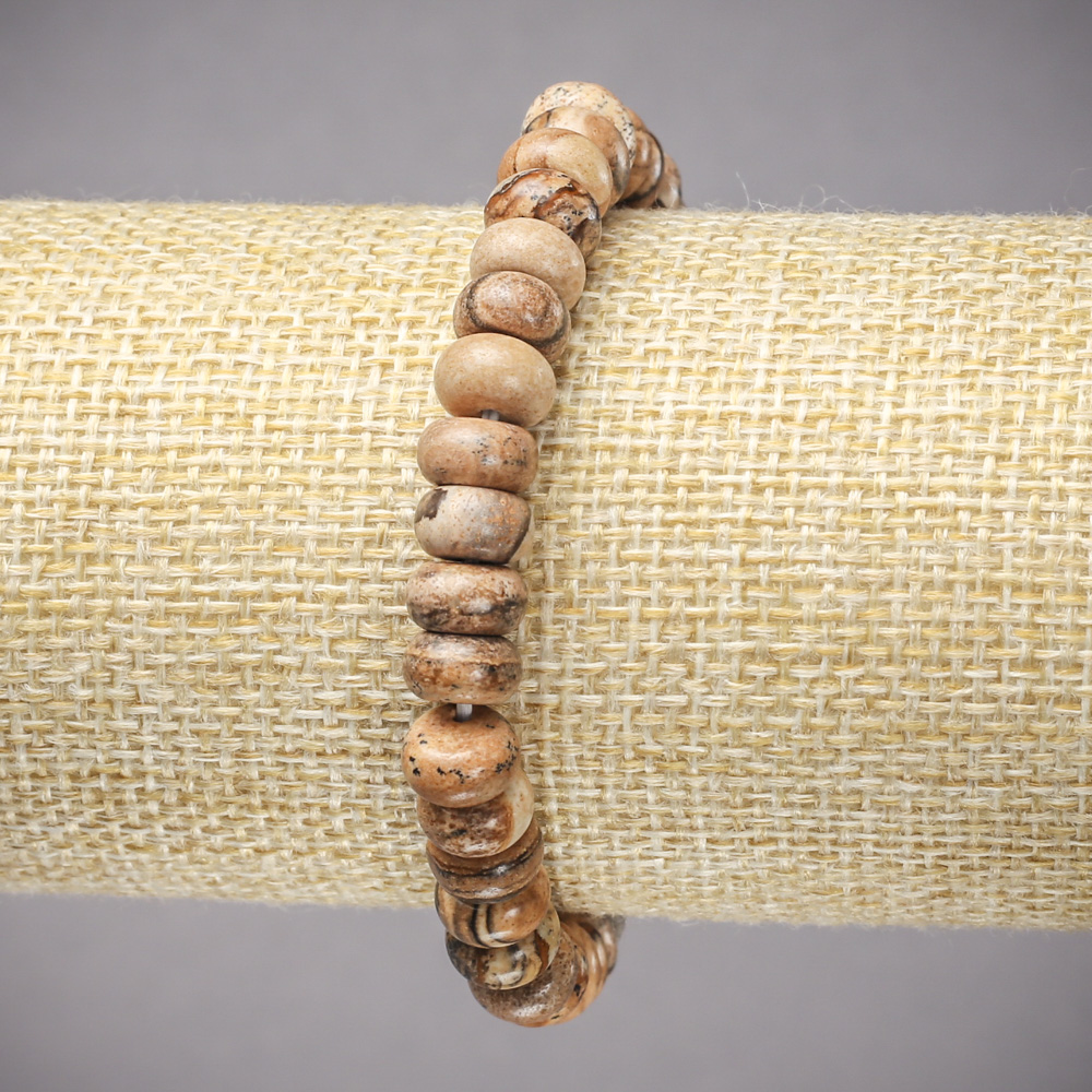 Náramek na gumičce z přírodního krajinného jaspisu, hladké rondely, průměr cca 8×5 mm, délka 18 cm