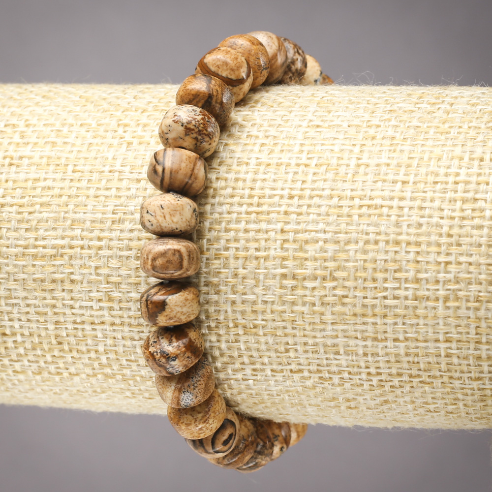 Náramek na gumičce z krajinného jaspisu – hladké rondely, průměr 9×7 mm