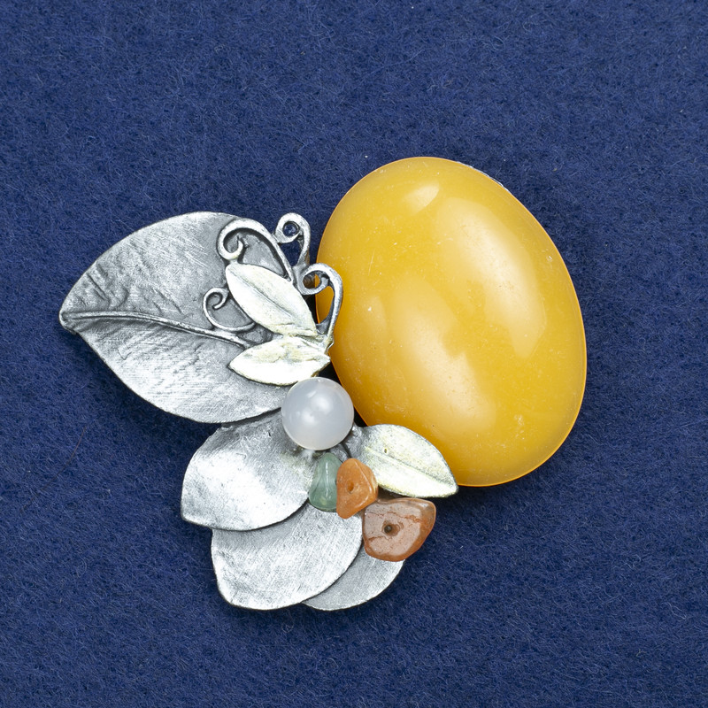 Brožka Větvička s jantarem a směsí kamínků, stříbrný kov 60×50 mm +