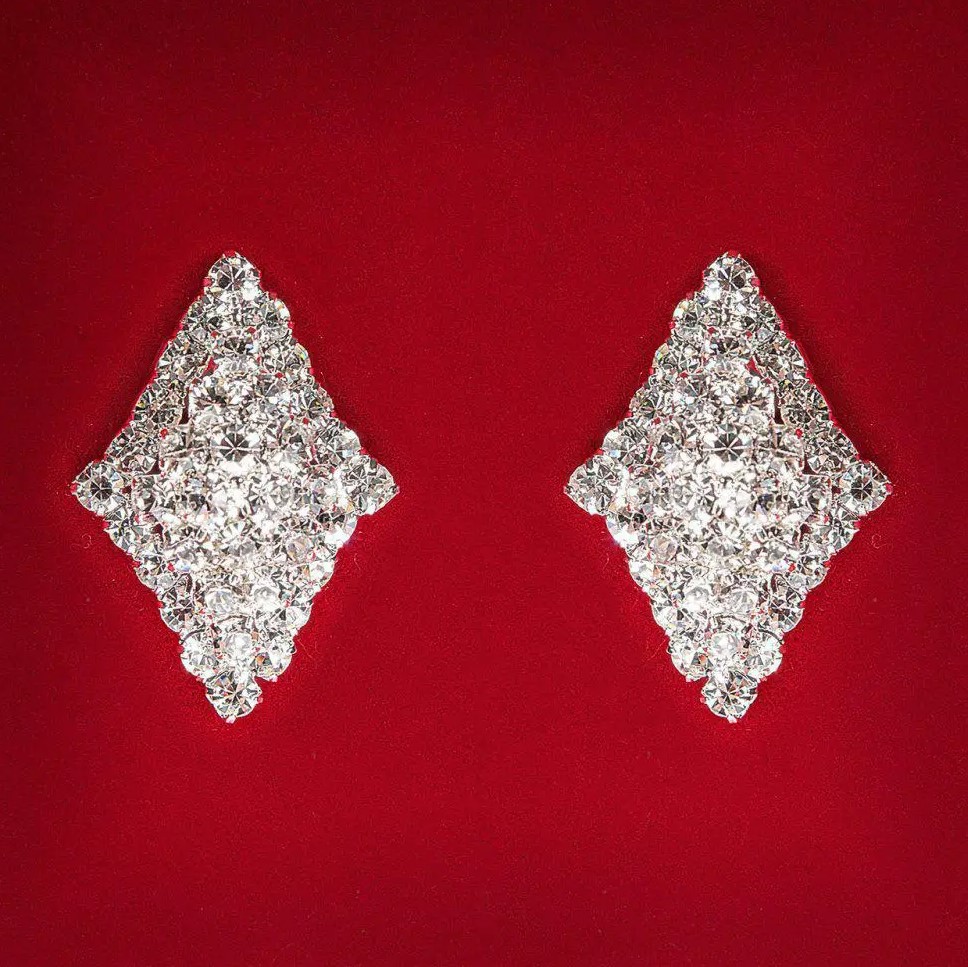( 25 mm ) Dámské náušnice s bílými štrasovými kameny, světlý kov, svatební a večerní peckové náušnice, prodloužený romb