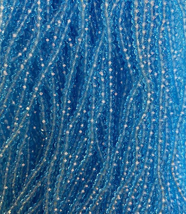 Korálky českého křišťálu na šňůrce, modré průhledné rondelové korálky, průměr 3,5×3 mm, délka 33 cm