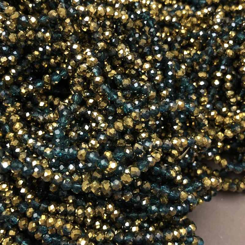 Korálky Český křišťál na vlásenku – assortiment smaragdově průhledné s pokovením, broušené rondely, průměr 3,5×3 mm, délka 36–38 cm