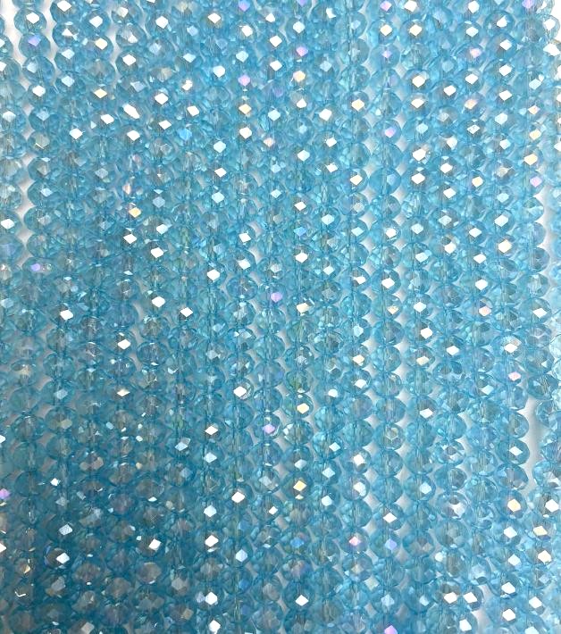 Korálky z Českého křišťálu na niti, modré průhledné s benzínovým nástřikem, fasetované rondelové, průměr 6×5 mm, délka 40–42 cm +