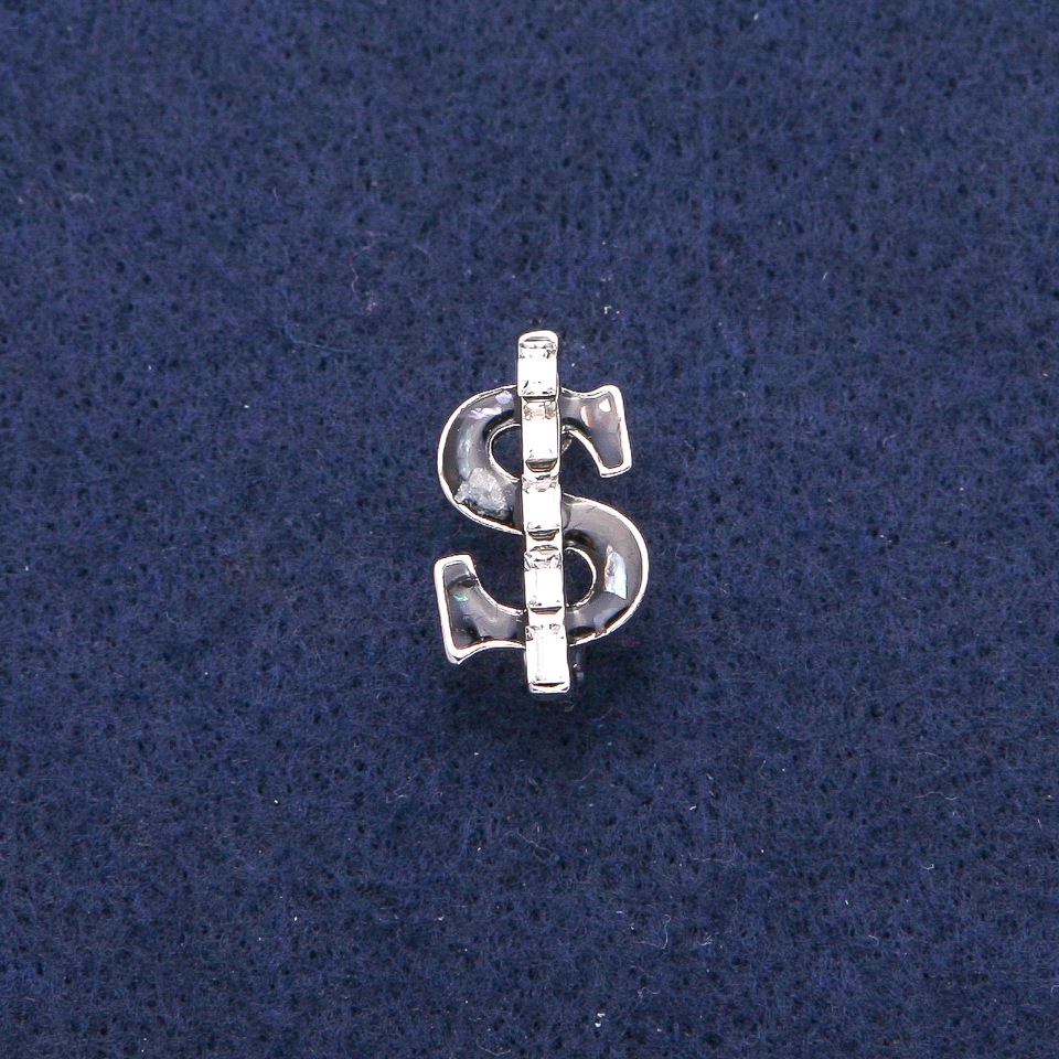 Brož Dolar se černým smaltem a perleťou haliotitu, bílé krystaly, stříbrný kov 12×21 mm