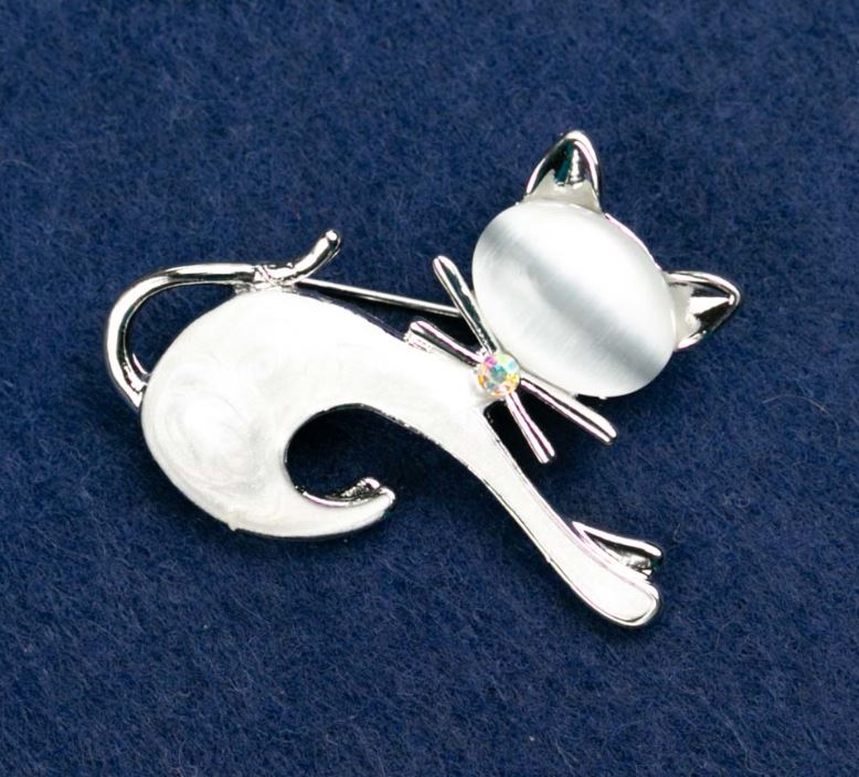 Brož Koťátko s kočičím okem a smaltem, šedá, 37×44 mm, stříbrný kov