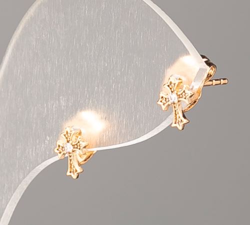Náušnice Xuping kříž pozlacené 18K se bílými krystaly, průměr 7×5 mm
