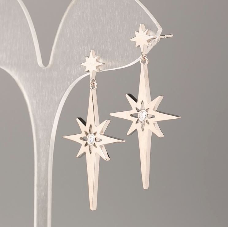 Náušnice Xuping hvězdičky s bílým kamenem, průměr 22 mm, délka 4,5 cm Rhodiované