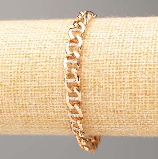 Náramek Xuping pozlacený 18K, délka 17 cm, tloušťka cca 7 mm, s bílými krystaly